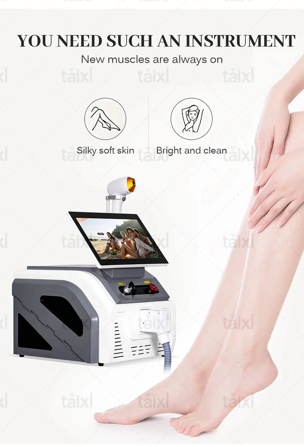 تتميز جهاز إزالة الشعر بالليزر الجديد لعام 2025 بشاشة كبيرة باللون الأبيض الرمادي وقوة عالية وإزالة الشعر الدائم بدون ألم 7