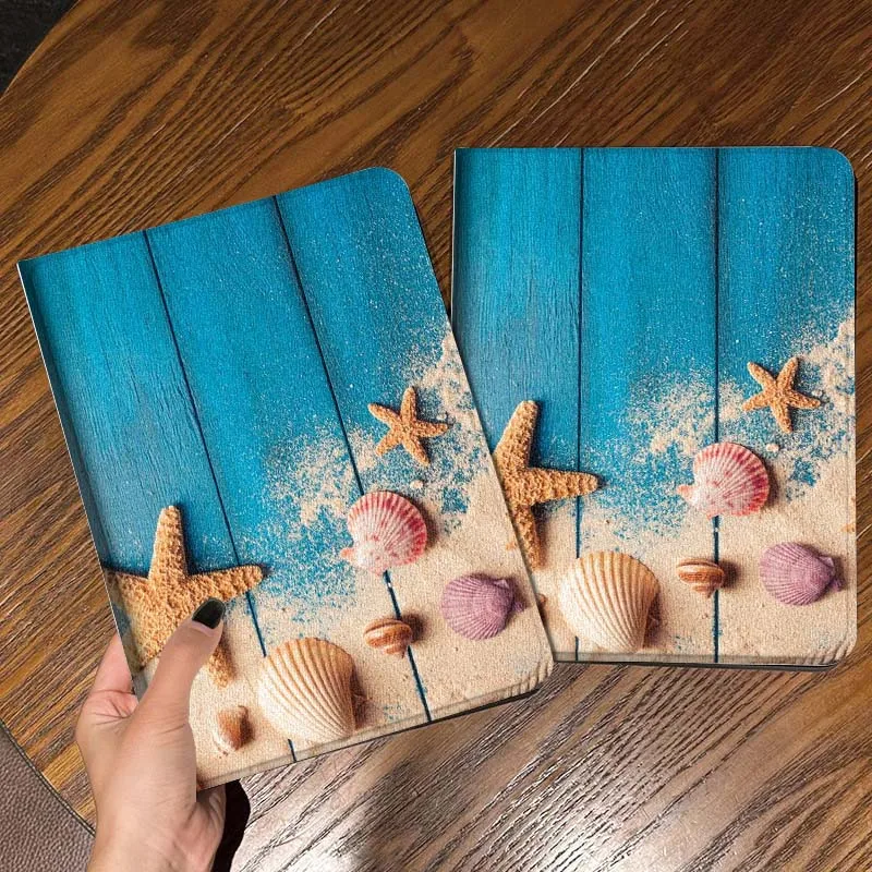 Blue Wood Shells Beach For iPad Pro Mini Air 1 2 3 4 5 6 7 10 11 th 8 9 gen 11 M4 M5 Foldable Tablet Case Cover