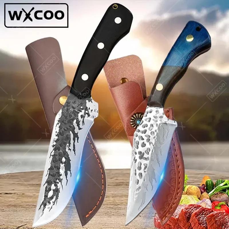 2PCS Handmade Forged Knife with Sheath Stainless Steel Knife Barbecue Knife Straight Knife Cutting Meat Kitchen Knife