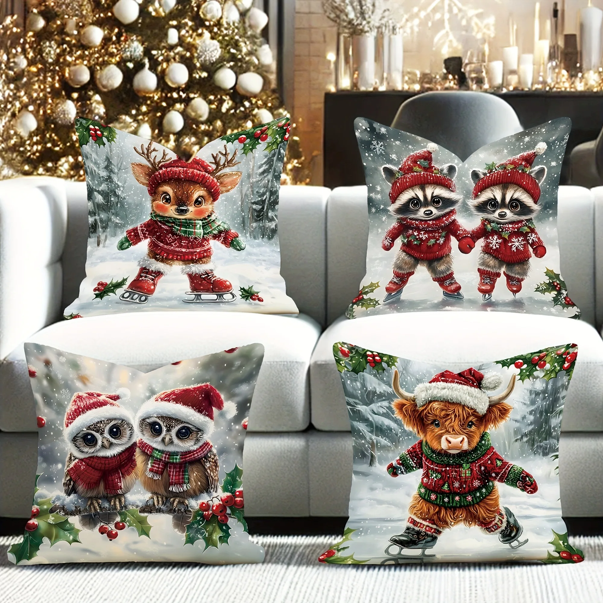 Fundas de almohada navideñas: adorables patinadores de animales para sofás festivos para decoración del hogar, fundas