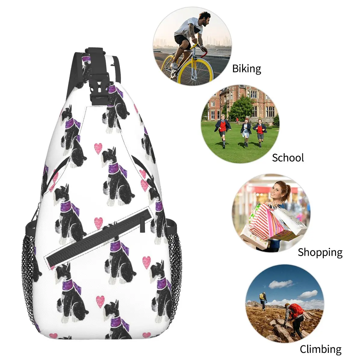 Aquarell Miniatur Schnauzer Schulter tasche Brust Cross body Schulter Schlinge Rucksack Reise Wandern Tages rucksäcke Hund coole Bücher tasche