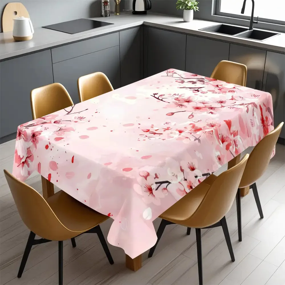 Pink Cherry Blossom Rectangle Tablecloth for Table Decor Washable Floral Print Kitchen Dining Table Cloth Wedding Party Decor