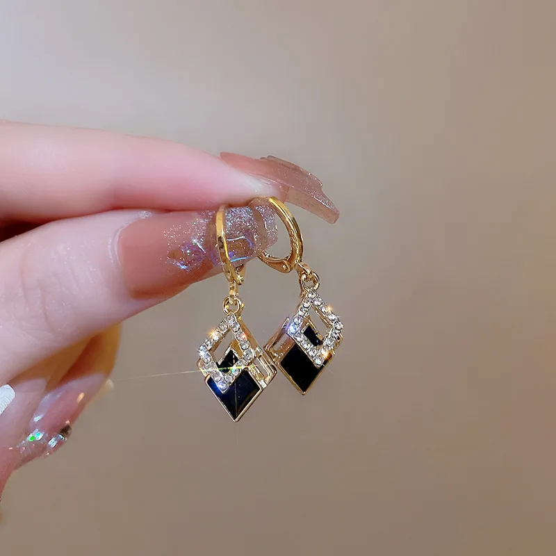 Luxuriöse Trendige Schwarze Doppelschicht-Ohrringe für Frauen, Koreanische Kristall-Zirkon Geometrische Ohrringe, Brautschmuck für Hochzeiten – Detail 3