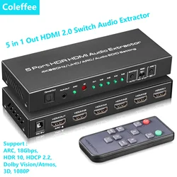5 Port 4K HDMI Switch with Optical & 3.5mm AUX Audio Out, 5 in 1 Out HDMI Switch Audio Extractor,Support ARC,Dolby Vision/Atmos
