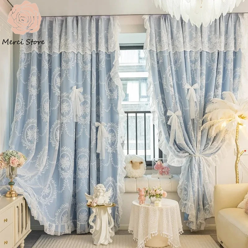 

Romantic Cream Style Blue Double Layer Gauze Curtains for Girls Bedroom Living Room Rococo Lace Luxury Blackout Window Drapes