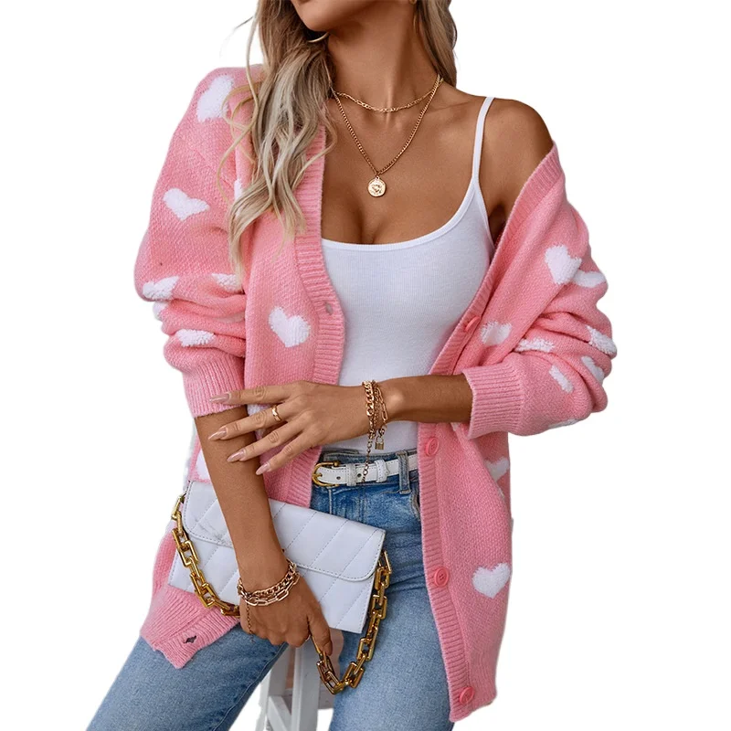 

Вязаный свитер с вышивкой в виде сердечек, зимний, средней и длинной длины, на пуговицах, в европейском и американском стиле, модный, женский.