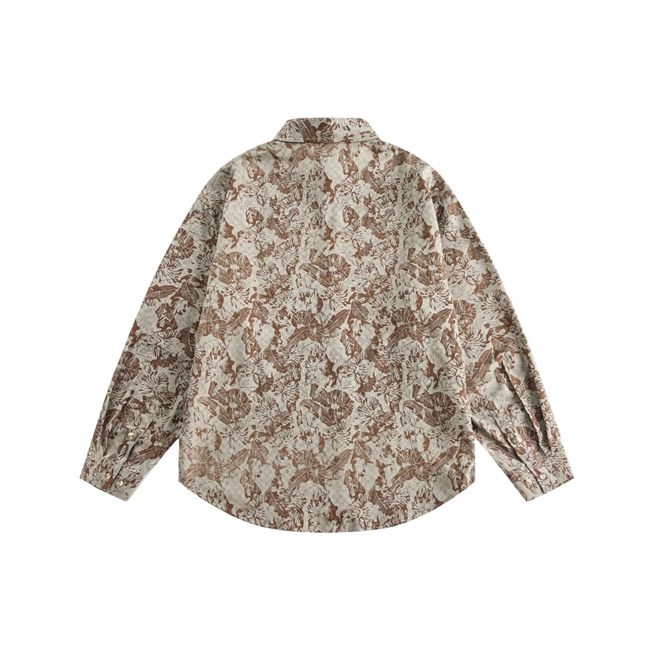 Oversized Mens Coffee Shirts Streetwear Hip Hop Leaf Print Long Sleeve Shirt Men Harajuku Vintage Loose Casual Blouse Unisex