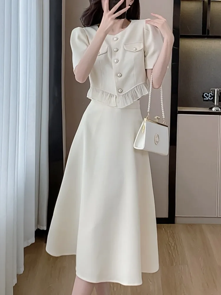 Fashion Korean Sweet Elegant 2 Piece Set Summer Office Lady Skirt Suits Ruffles Collar Knee-length Clothing For Women