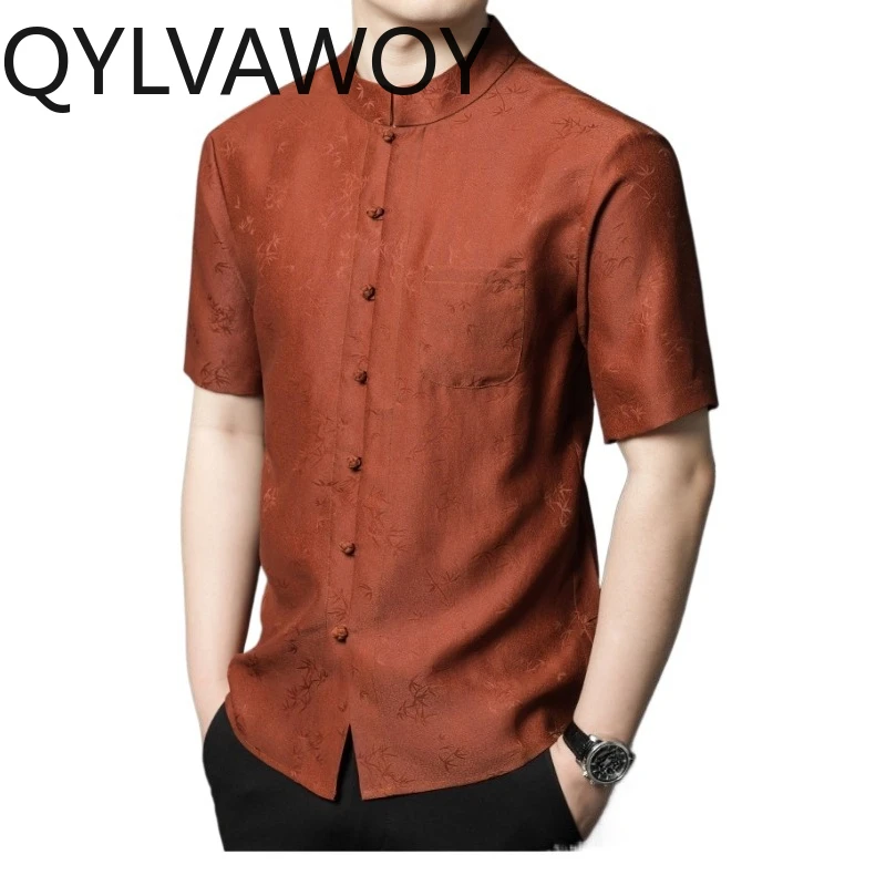 

QYLVAWOY 100% Mulberry Silk Men's Shirts Stand Collar Shirt Thin Shirts for Man Summer Tops Camisas De Hombre Short Sleeve Daily