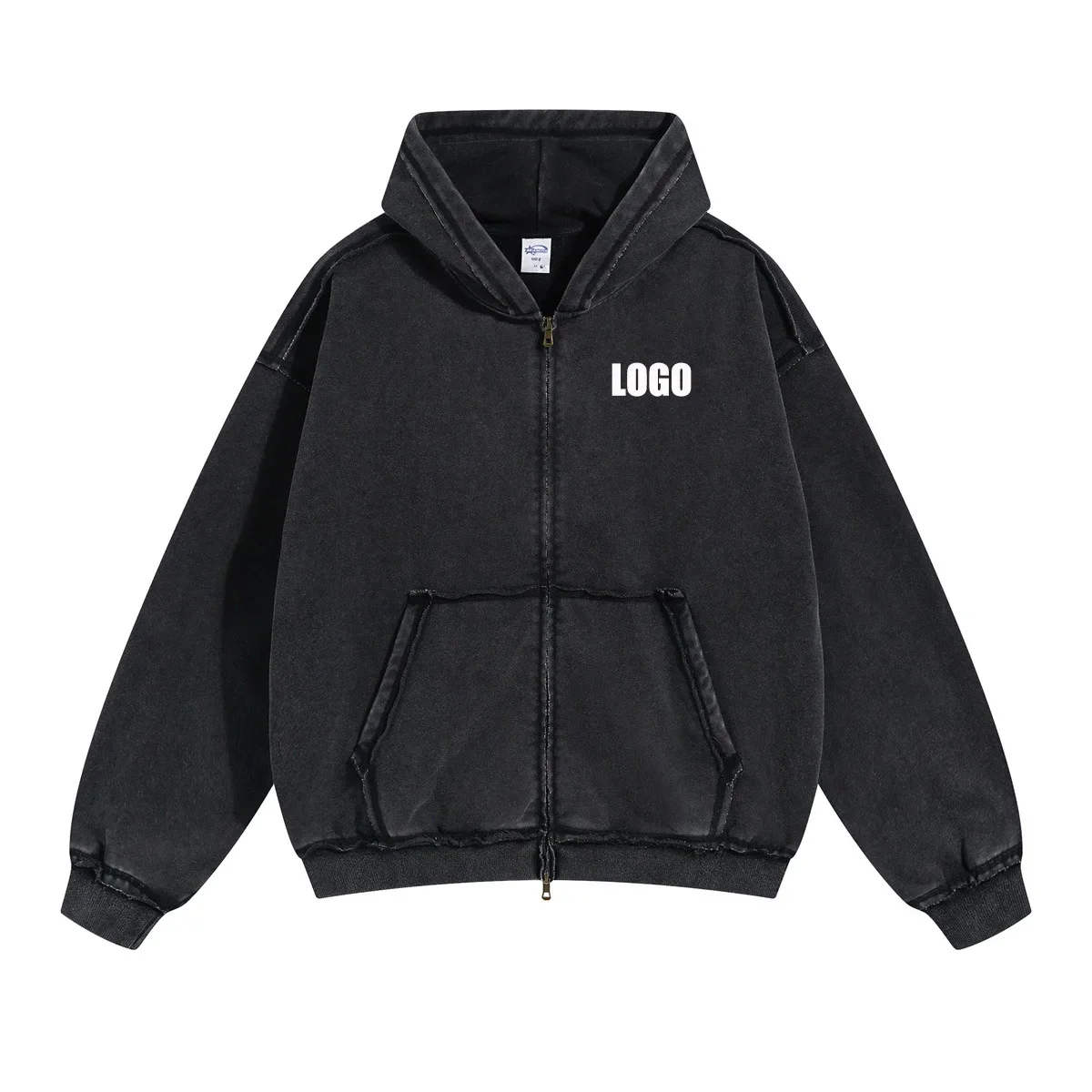 Custom LOGO2024 autumn winter new products men and women heavy 450g washing water old cotton polyester zipper hooded sweater