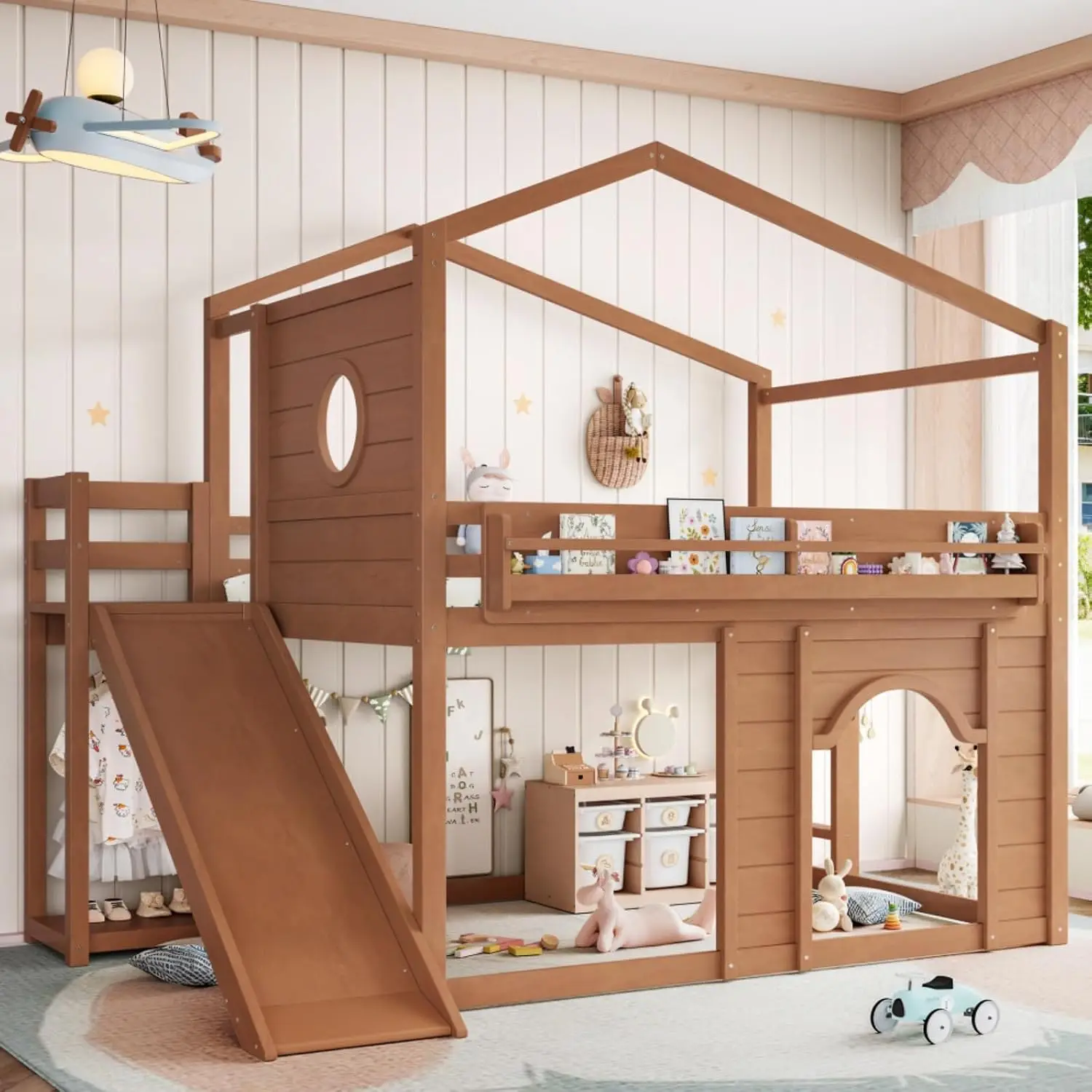 Full Size Playhouse Loft Bed with Bookshelf and Slide, Natural | Wooden House Bunk Bed with Wardrobe and Round, Customized