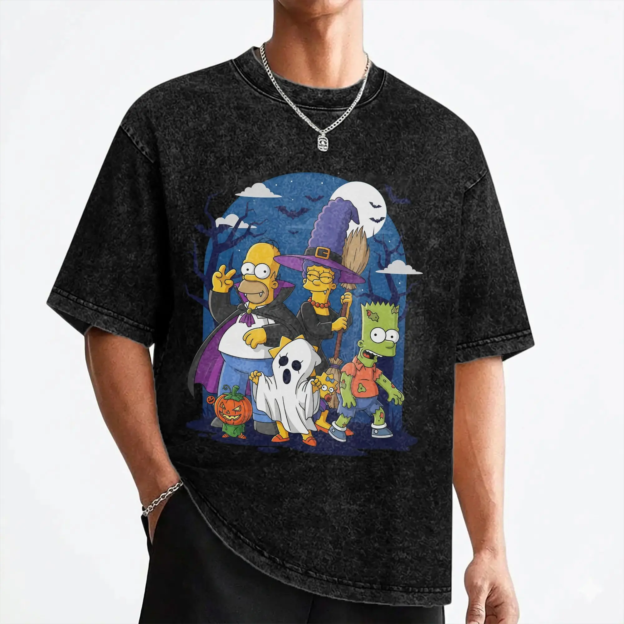 Cartoon S-Simpsons Halloween T Shirts Washed Cotton Harajuku T-Shirt  Cool for Men Women Streetwear Printed Tees
