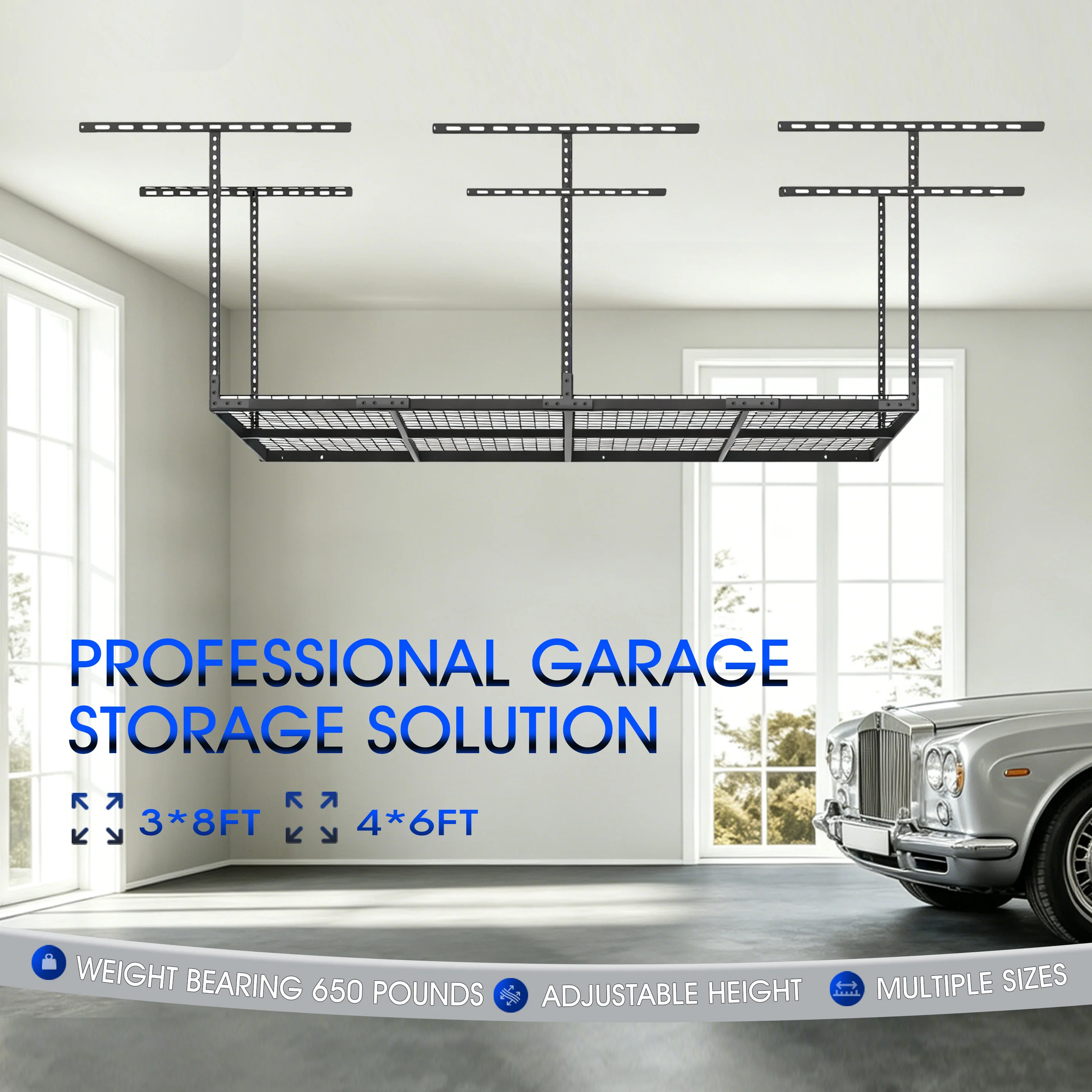 3 × 8FT elevated garage storage rack, 21-42 inch high adjustable heavy-duty metal ceiling storage rack, 650 pound load-bearing, very suitable for garage and basement ceiling storage rack, can be transformed into 4 * 6FT storage rack
