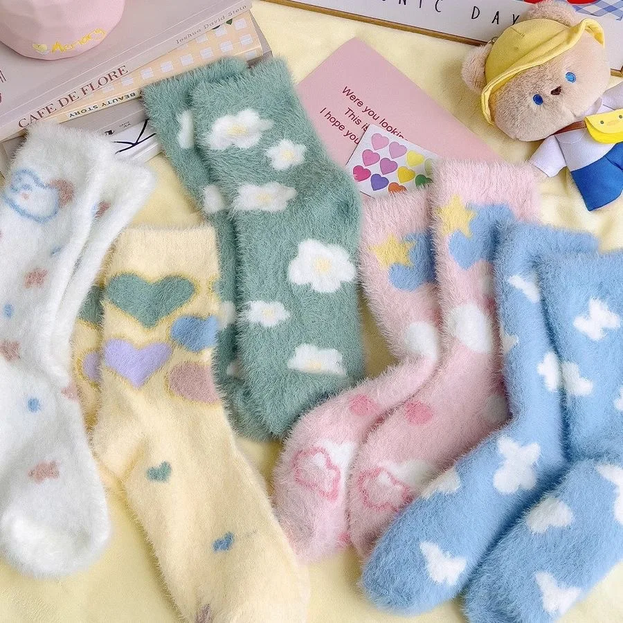 

Mink Velvet Socks Women's Cute Kawaii Cartoon Pattern Mid-tube Socks Autumn Winter Thick Fluffy Fuzzy Warm Velvet Coral Sleeping