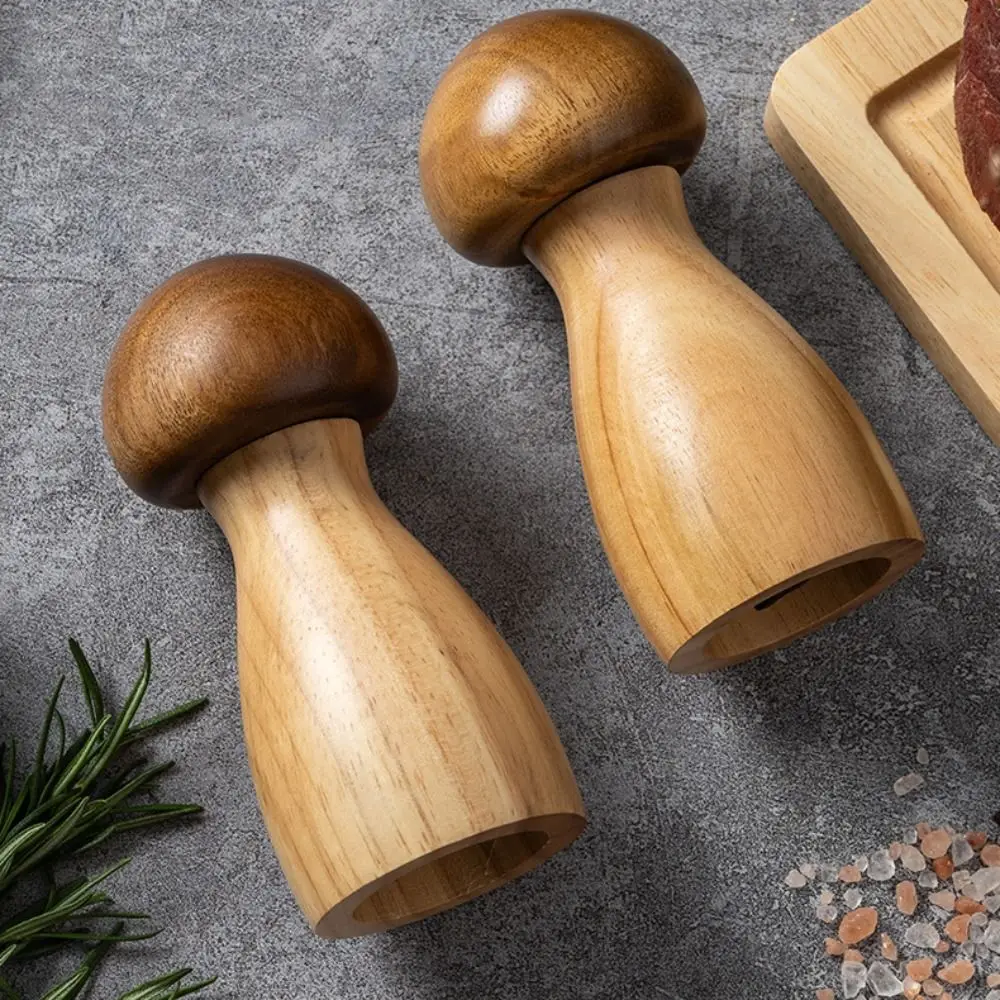 Wood Mushroom Pepper Grinder with Base High Hardness Grinding Core Pepper Mill Bottle Adjustable Particle Size