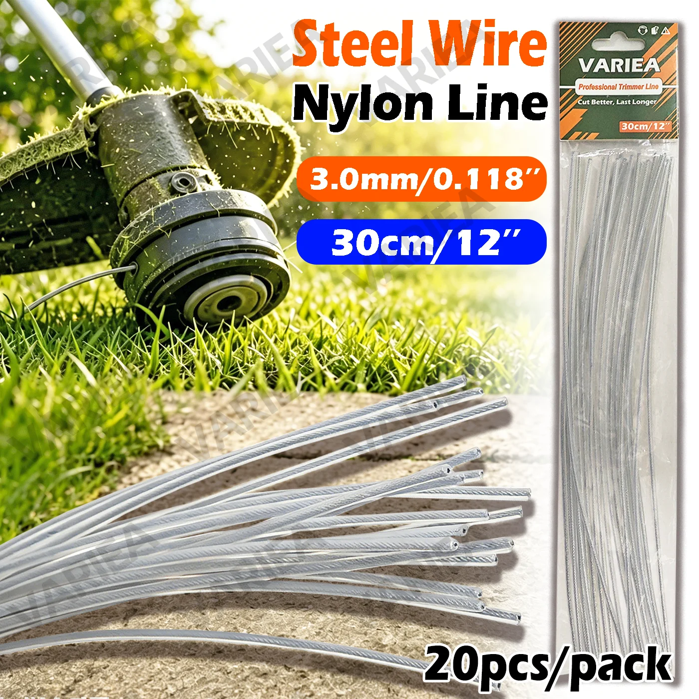 VARIEA-20 Set of 3.0mm × 300mm Steel Core Nylon Trimming Strips, Pre-cut Circular Metal Core Weeding Strips,Wear-resistant threa