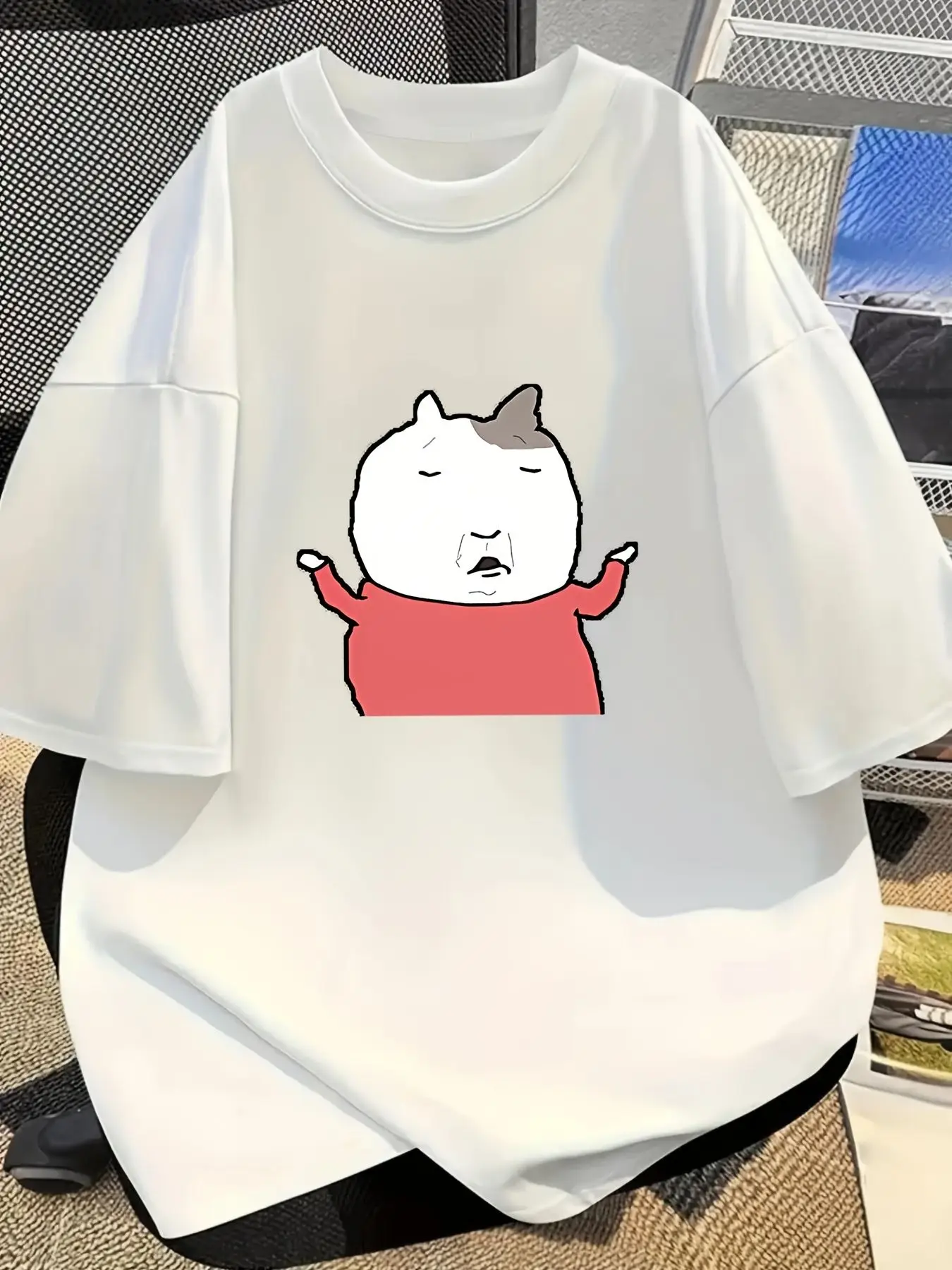 Funny Korean Meme T-shirt Minimally Designed Cat Printed Women's Top Comfortable Round Neck Unisex Home Wear