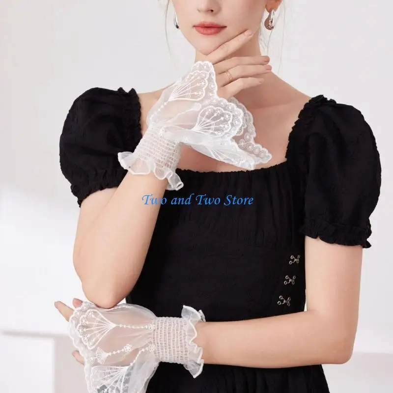 HX6F Elegant Lace Fingerless Gloves for Women, White Floral Hand Sleeves with Elastic Cuffs for Bridal Dressing Up