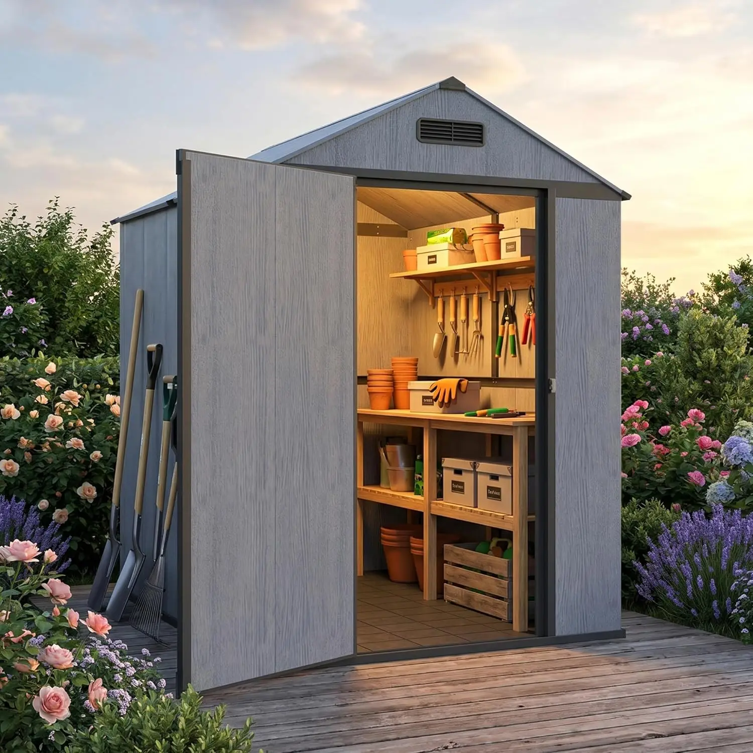 #4x6FT Resin Outdoor Storage Shed Floor Weather Resistant Lockable Door Ventilation Garden Tools Lawn Equipment, Customized