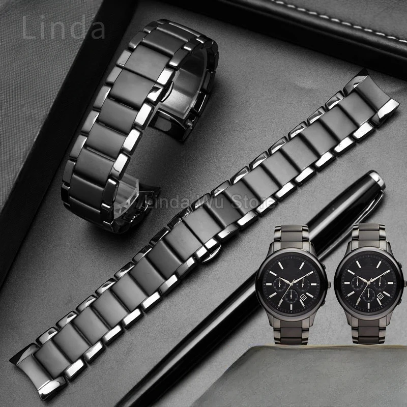 

Мужской ремешок для часов из черной керамики для Armani Ar1451 Ar1452 Ar1400/1410, с двойной застежкой, из цельной нержавеющей стали, сменный ремешок