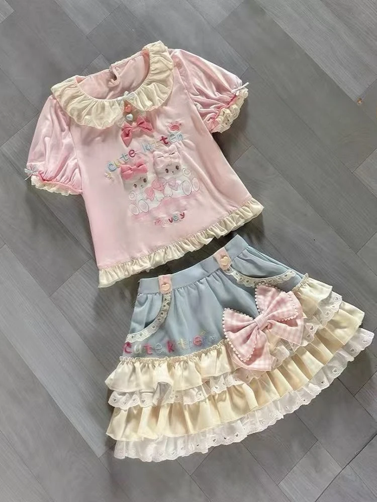 日本の女子大生風JK可愛いツーピースセット レディース レースパッチワークトップス＋ショートケーキスカート 新ファッション カワイイ原宿サマースーツ