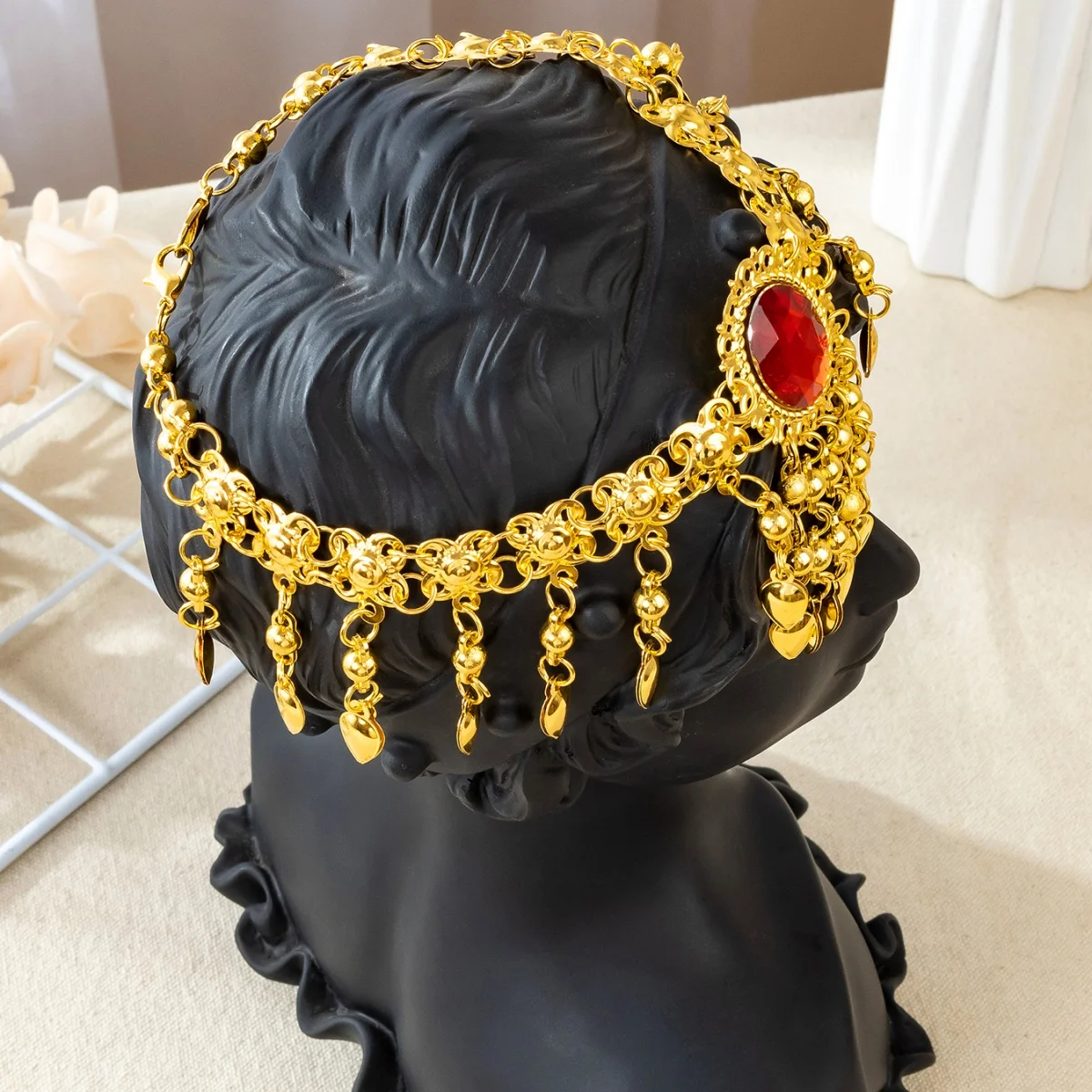 

Ethnic Belly Dance Head Chain, Red Accented Inlaid Oval Tassel Exquisite Accessory for Festival Stage Show