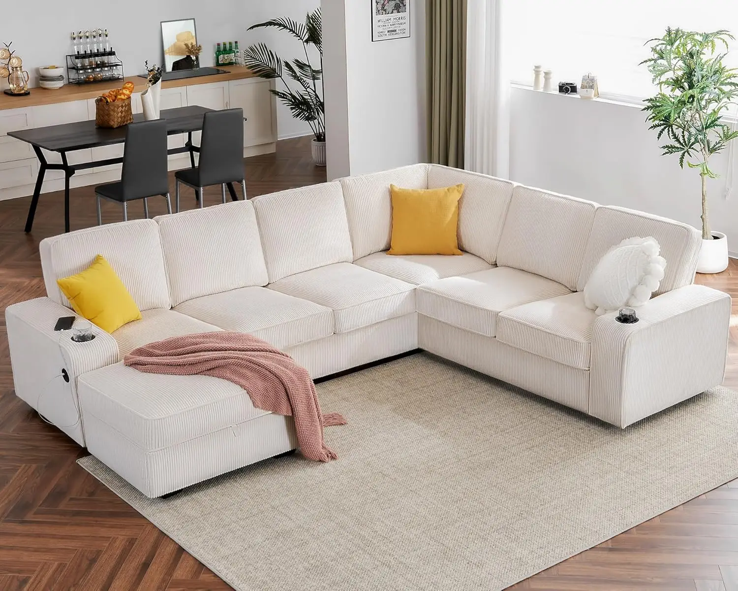 U Shaped Sofa, 7 Seater Sofa with USB Ports, Sectional Sofa Couch with Storage Chaise, Corduroy