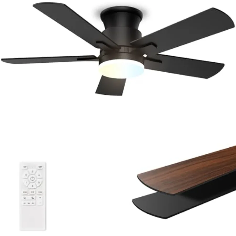 Flush Mount Ceiling Fans with Lights 42 Inch, Remote Control, 3CCT Dimmable, 6 Speeds, Noiseless Reversible DC Motor, Low Profi