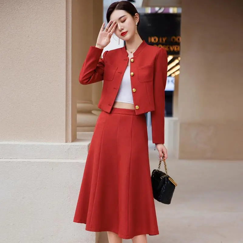 2-G14  Casual professional suits for women 2023 autumn new style celebrity petite small jacket temperament suit skirt