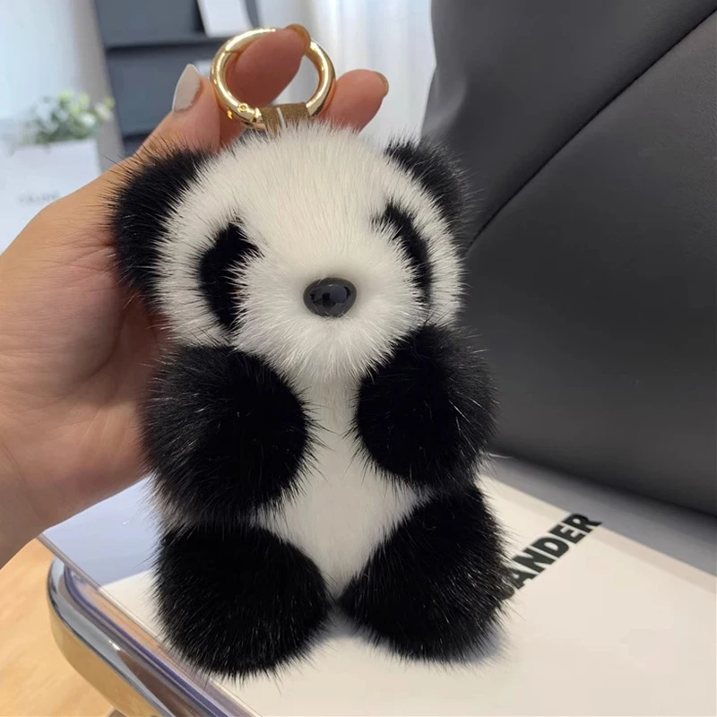 Boneka mewah Panda kecil wanita, ornamen tas Mink bulu imitasi Panda gantungan kunci mobil beruang lucu gantungan kunci mobil hadiah modis