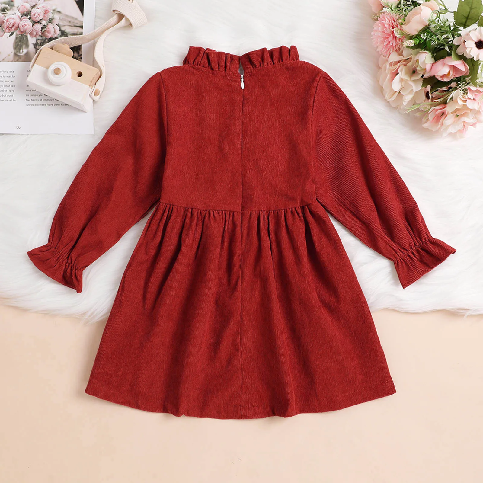 Kids Baby Little Girls Spring Autumn Corduroy Dress Mock Neck Ruffled Princess Long Sleeve Bow Decor A-Line Dress For Girls 1-5T