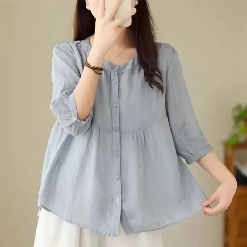 

plus Size Women's Cotton Linen Loose Top Summer New Sle Belly Covering High End Mom Summer irt Comfortable Breathable