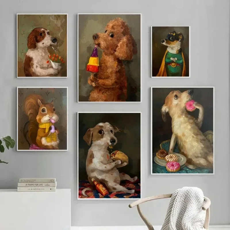 2026 Vintage Funny Puppy Eating Donut Art Poster Print Cute Kitten Eating Snacks Canvas Painting Living Room Wall Home Unframe