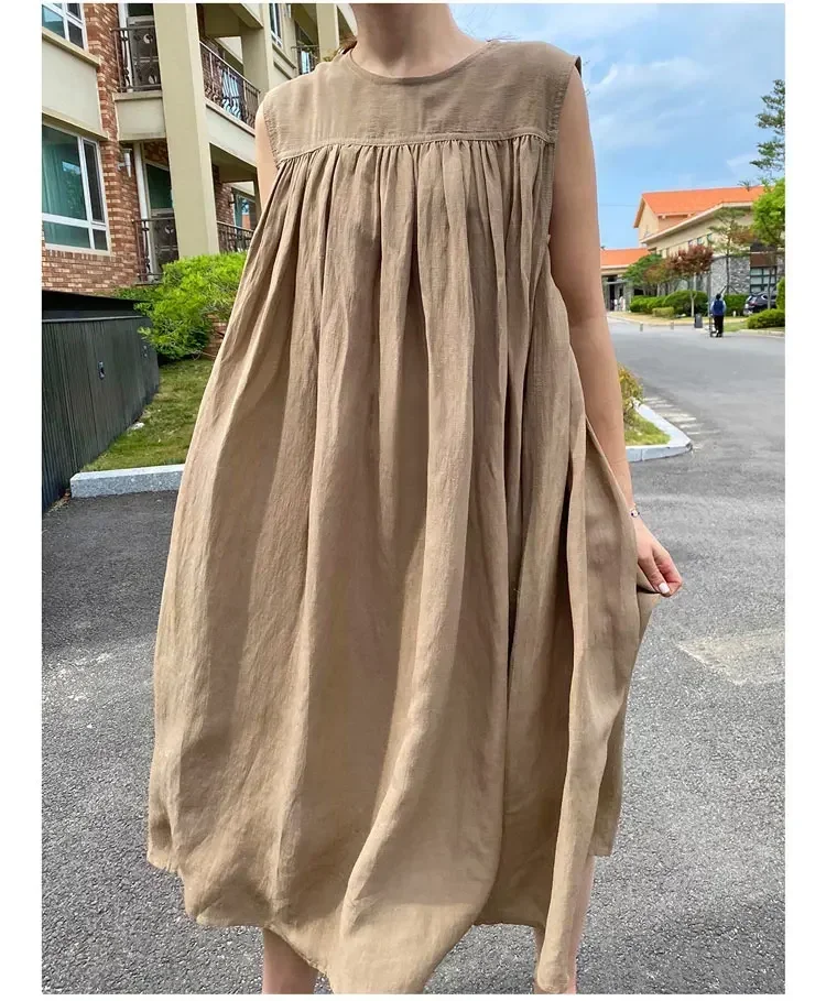 REALEFT Cotton and Linen Sleeveless Dress for Women Summer Mid Length Casual Loose Solid Round Neck Women Dresses Summer