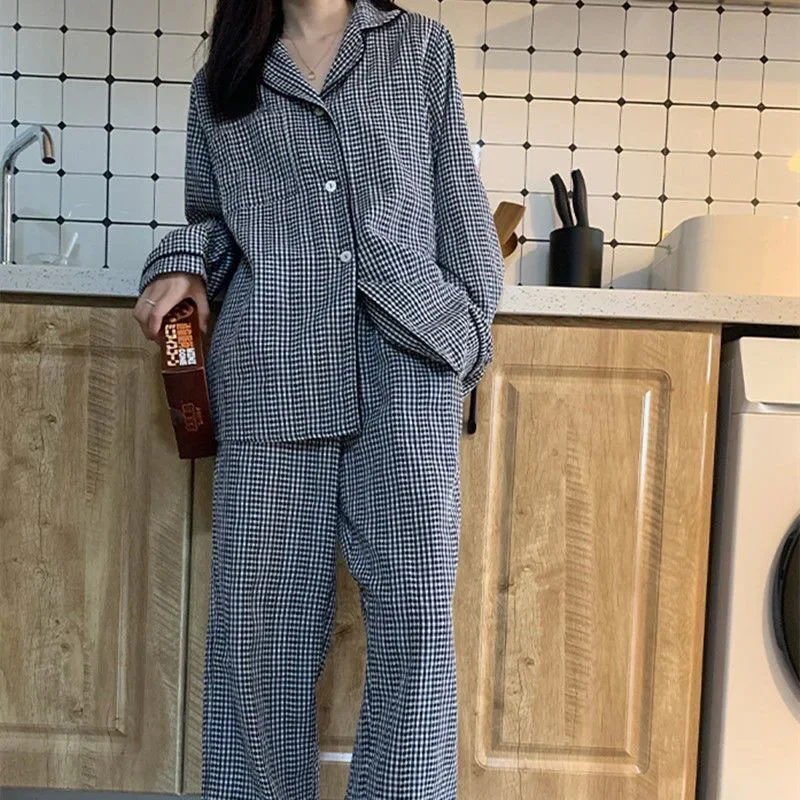 Plaid Women\'s Pajamas Korean Sleepwear Long Sleeve Pants Sets for Women 2 Pieces Autumn Night Wears Casual Home Suit 2024 New