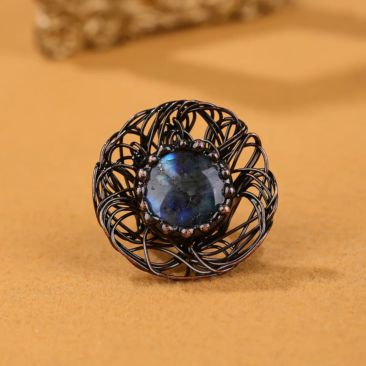 YEEVAA Vintage Bird Nest Design Natural Labradorite Stone Ring, Handcrafted Adjustable Wide Band Ring with Bronze Finish