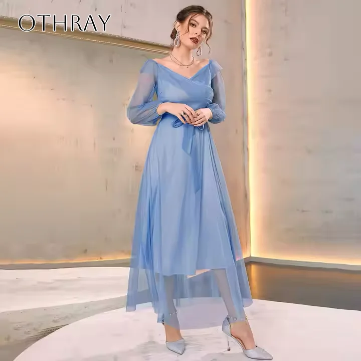 Organza V-neck A-line Tea Length Homecoming Dress Sash Long Sleeves Customized فساتين حفلة موسيقية