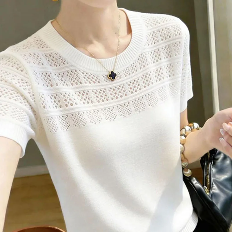 New Short Sleeve Hollow Out Knitted Sweater Women Pullovers Summer O-Neck Knit Sweater Pullover Women Tops Sueter Feminino Q4637