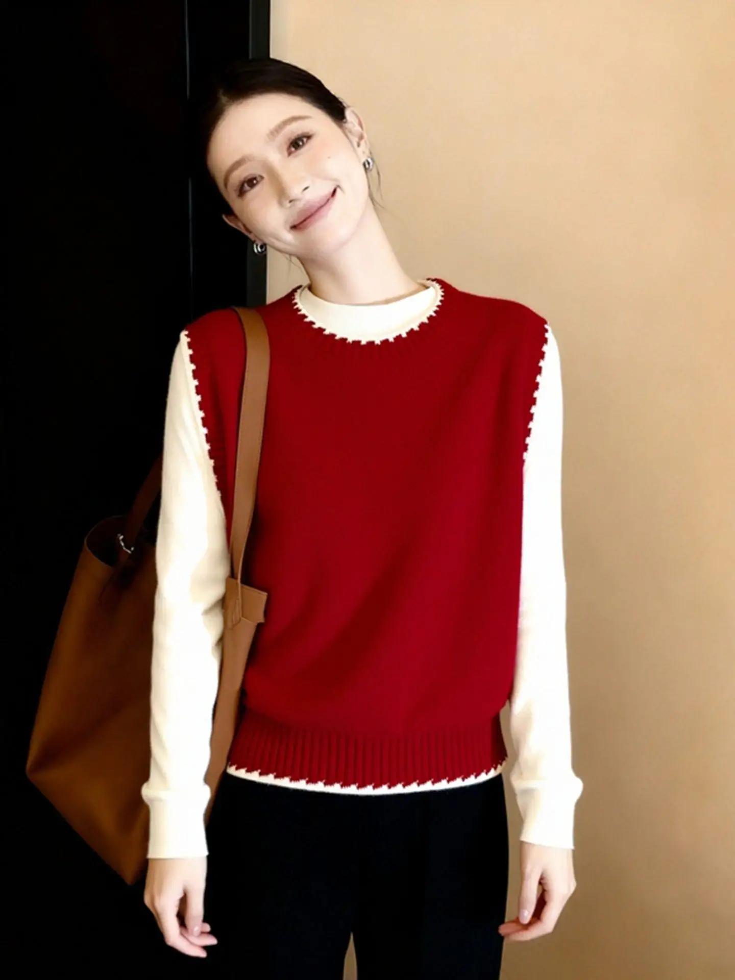 

Корейский свободный вязаный шерстяной свитер для женщин, красный, на год рождения, новогодний, создающий атмосферу праздника