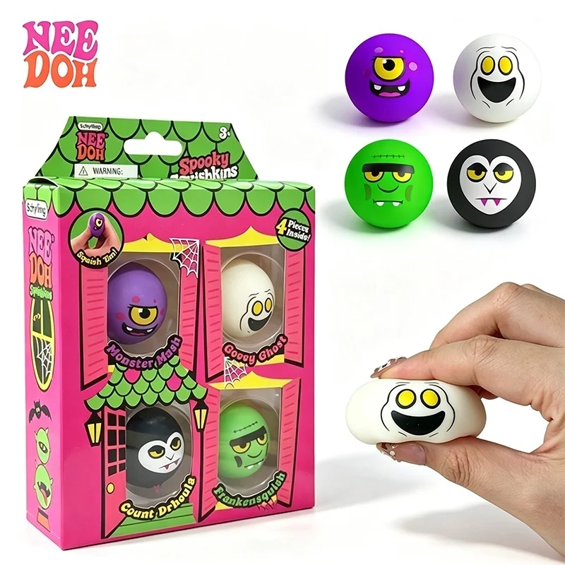 Needoh Spooky Squishkins Halloween 4 Pack Mini Stress Relief Ball Dough Filled Fast Rising Sensory Toy for Adults Pocket Toy