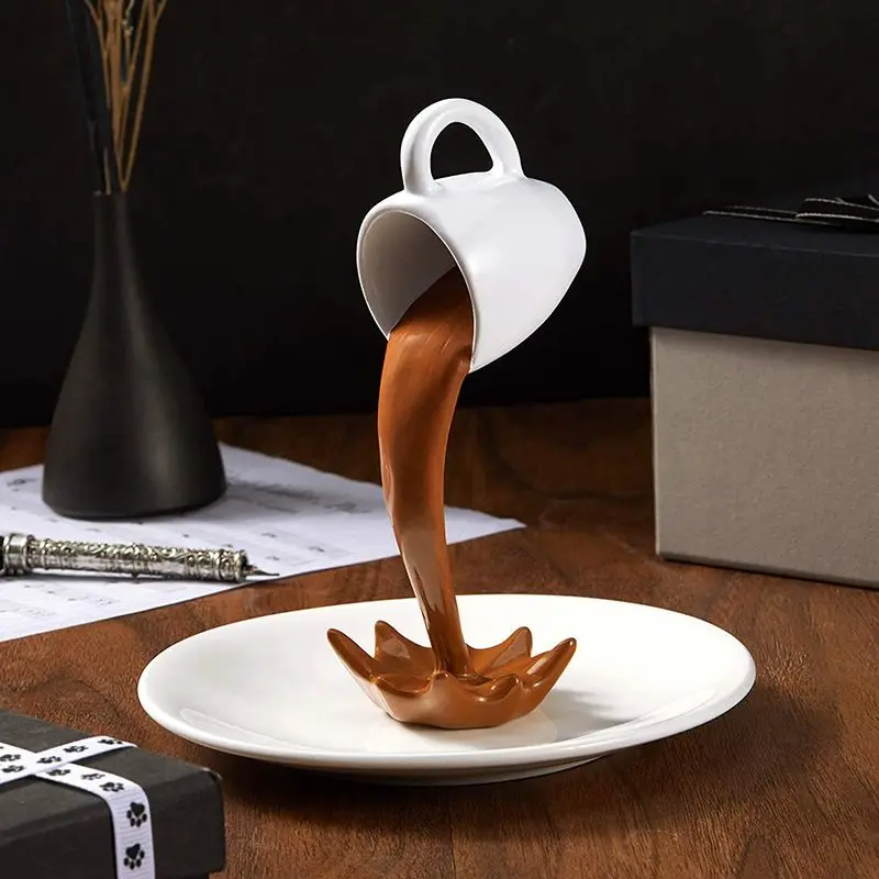 1PC Floating Spilling Coffee Cup Sculpture, Magic Pouring Splash Statue, Creative Desktop & Kitchen Home Decor Ornament
