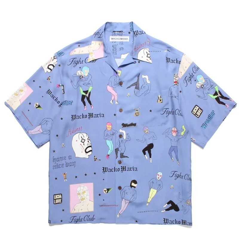 25SS New WACKO MARIA Highest Quality Character Mask Abstract Hawaii Short Sleeve Shirt Men's Women's Brand Shirt Tops