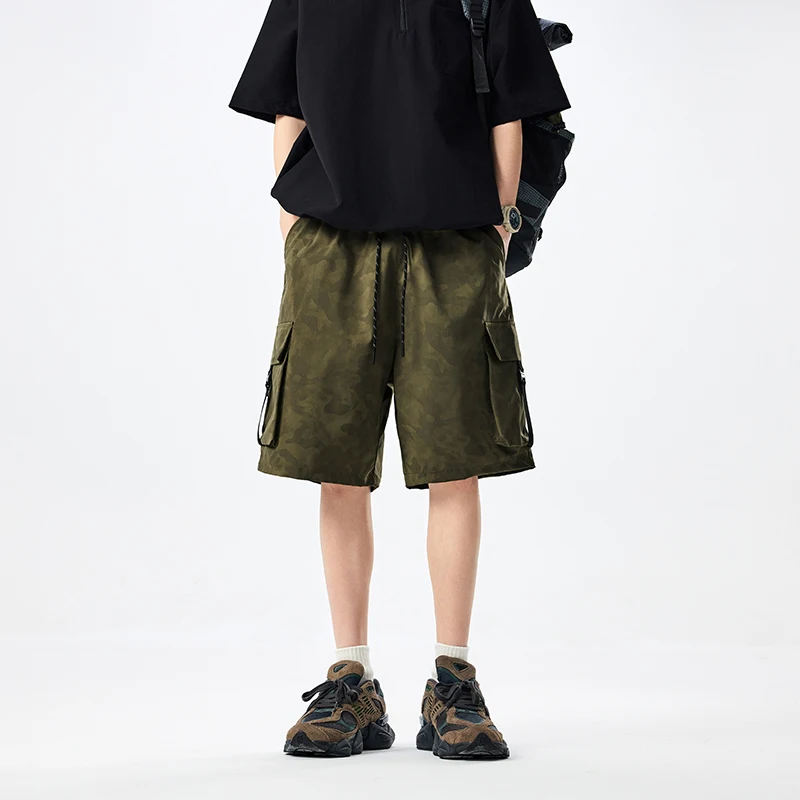 

Летние модные камуфляжные рабочие брюки для мужчин, свободный крой, повседневные, молодежные, с эластичным поясом, длина до колена, из полиэфирного волокна