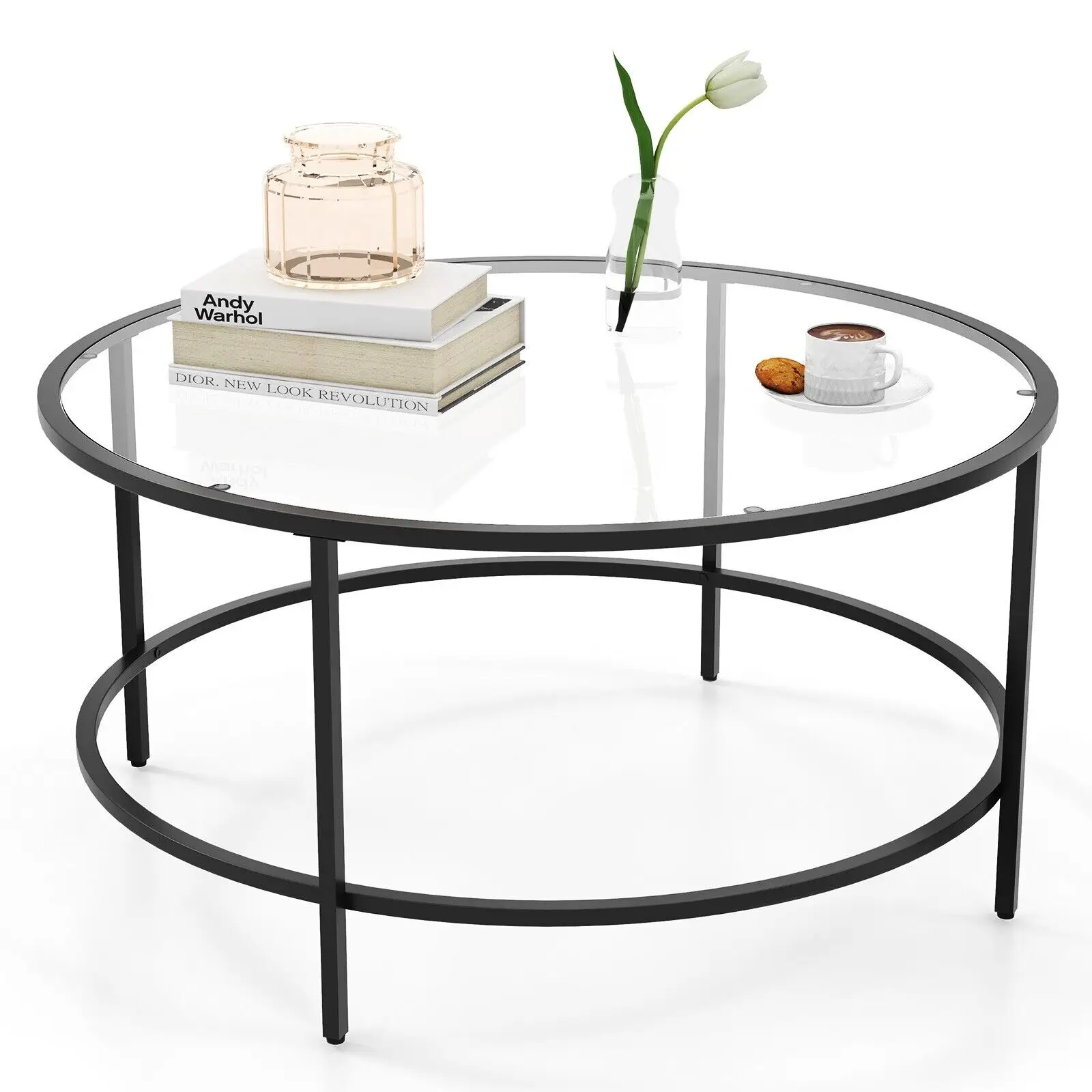 GOFLAME Round Coffee Table Tempered Glass Top Metal Center Snack Tea Cocktail Table