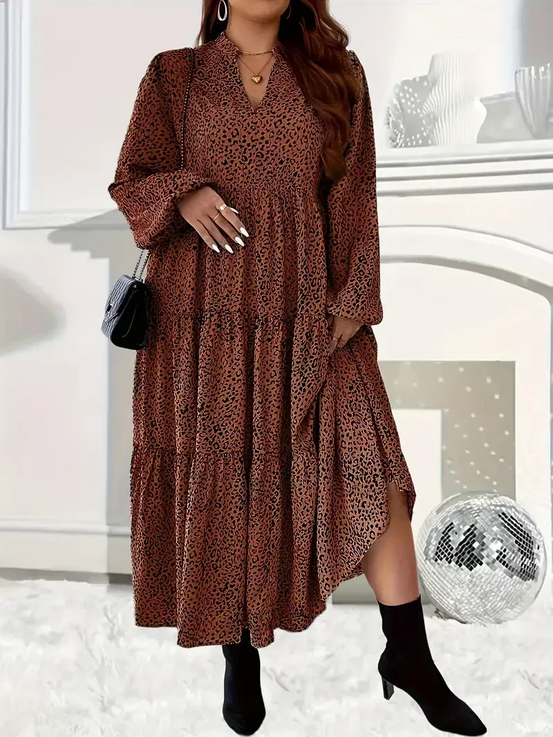 Damska sukienka 1XL-5XL Plus Size Fashion Leopard Print Tiered Long Dress Ladies Casual Notch Neck Long Sleeve Dress Odzież damska