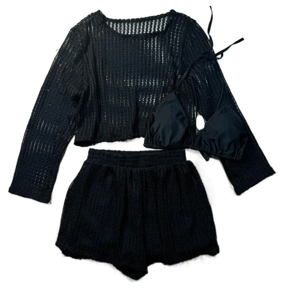 Loose Long Sleeve Swimsuit Pullover Beachwear Crochet Knit Bathing Suit Hollow Out Beachwear Clothings Three Pieces Set Swimwear