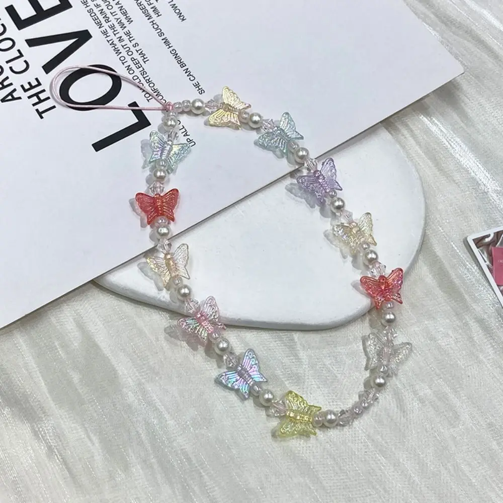 

Butterfly Beaded Butterfly Cellphone Lanyard Anti-lost Crystal Clear Candy Colors Cellphone Keychain Sweet Plastic