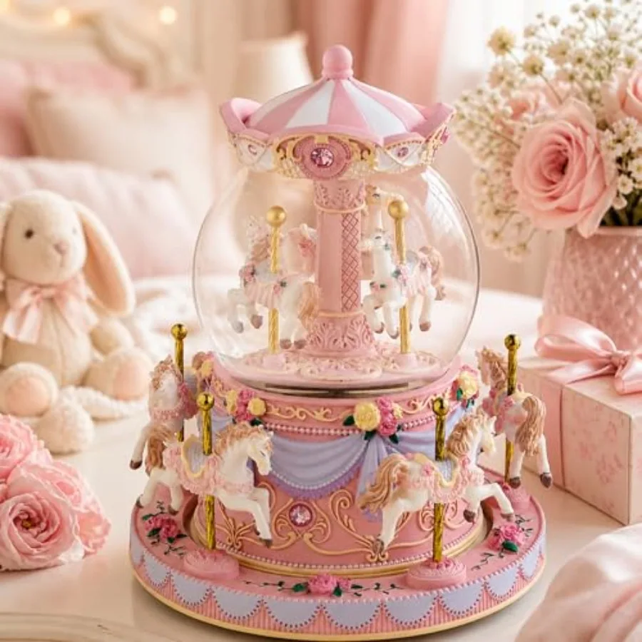 Pink Carousel Snow Globe Music Box with LED Lights, Rotating Horse Merry Go Round, Wind Up Musical Snow Globe Plays Castle in t