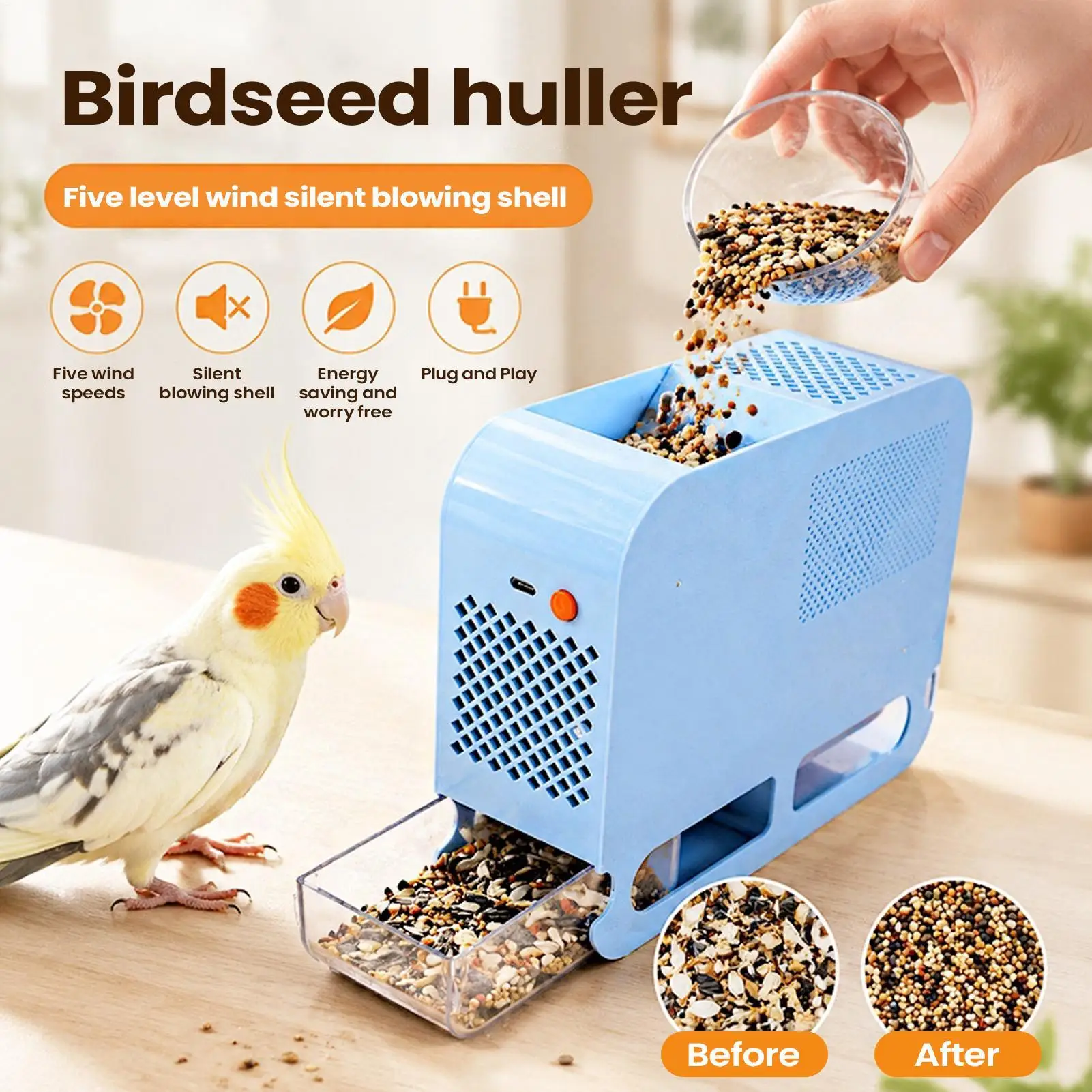 Electric Bird Seed H usk Separator Airflow Grain Shell Blower Screening Machine for Parrot Mixed Bird Feed USB Plug-in