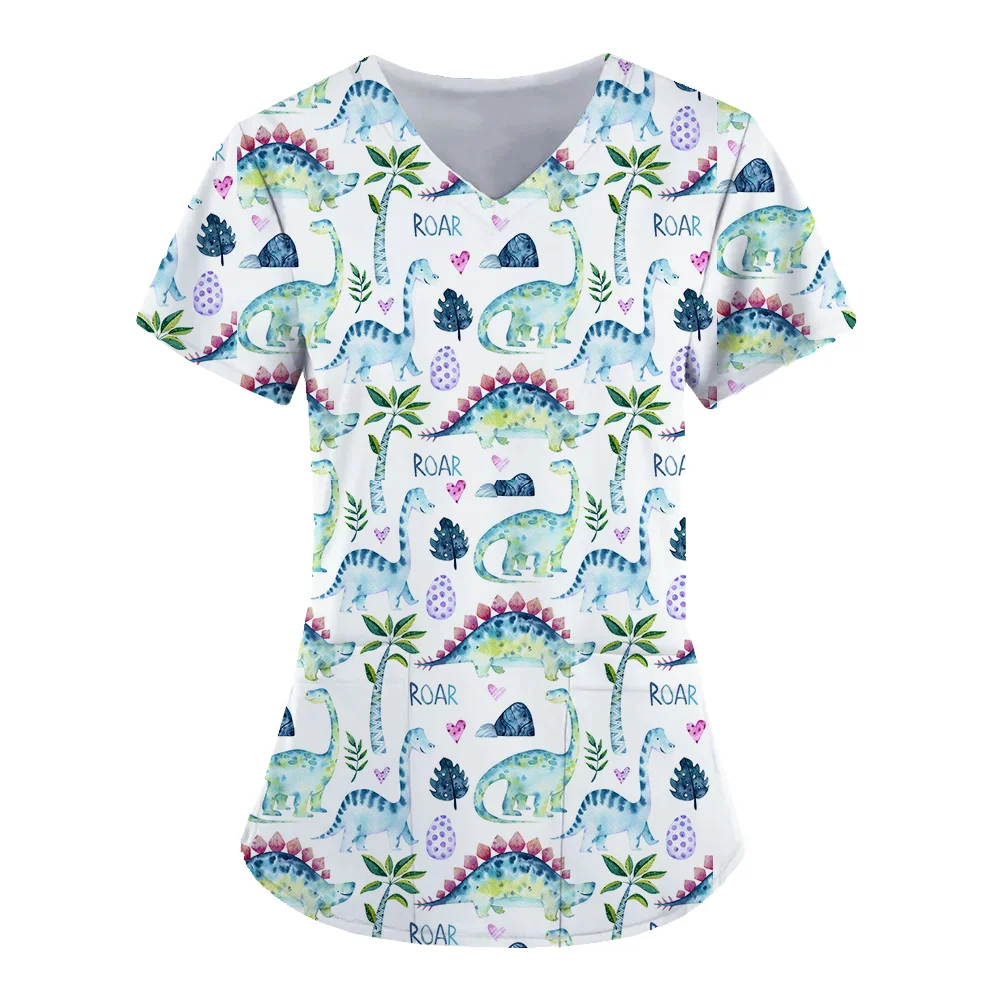 Women\'s T-shirts V-Neck Working Uniform for Women Cute dinosaur 3D Print Tops Cute Animal Nurse Uniform Blouse Pocket Workwear